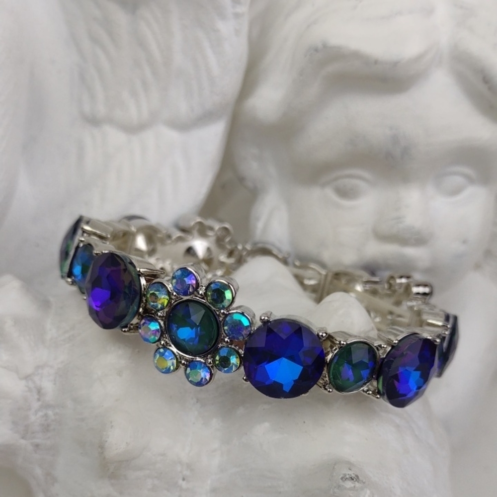 Vibrant Facet Royal Blue & Purple Gemstone Sparkly Silver Stretch Bracelet